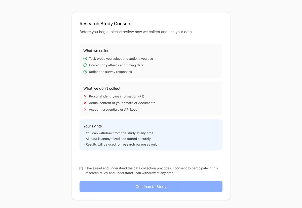 Consent screen listing what is collected, what is not collected, and participant rights