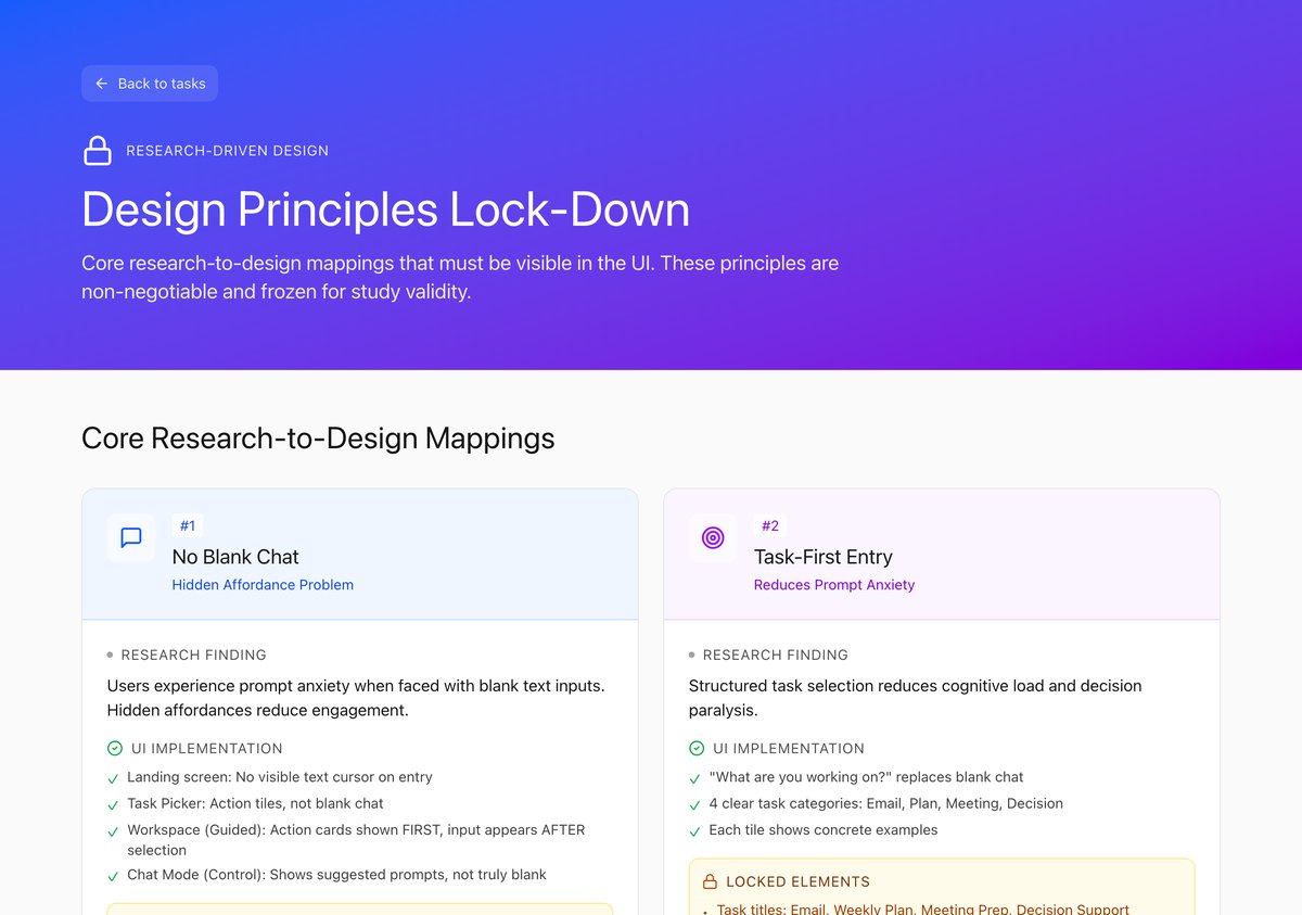 Design principles screen mapping each research finding to its UI implementation and locked elements