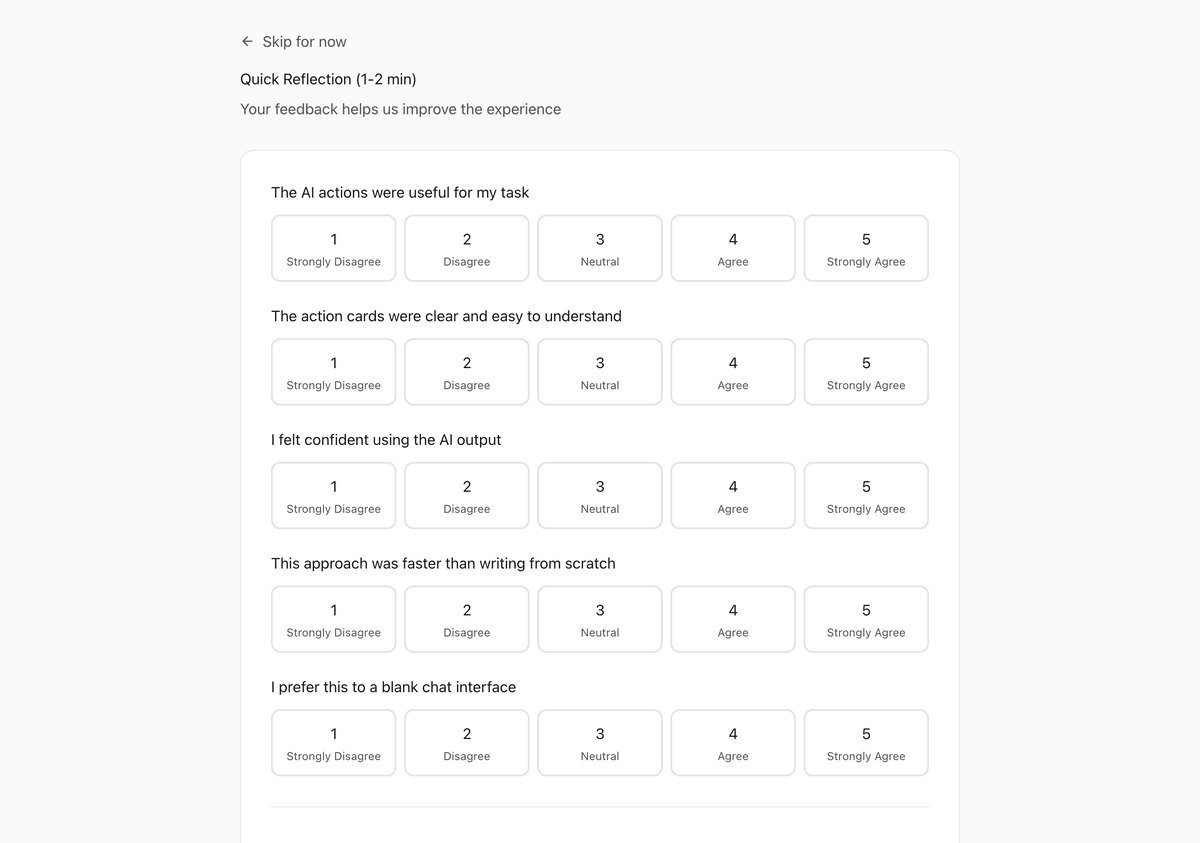 Reflection screen with rating questions and free text fields