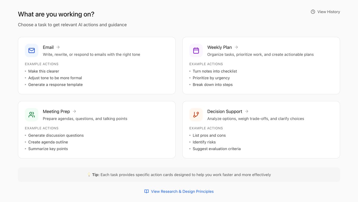 Task picker with four tiles: Email, Weekly Plan, Meeting Prep, Decision Support, each showing three example actions