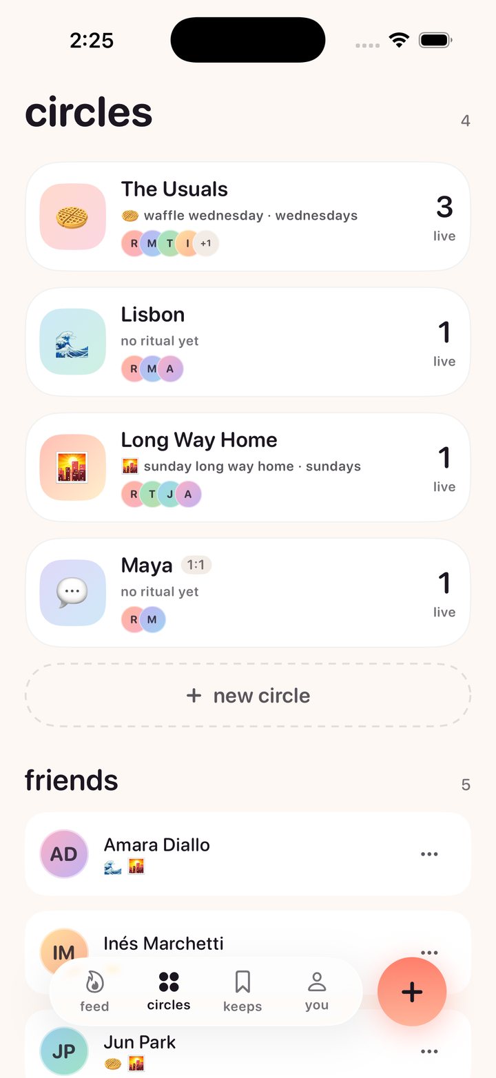 Circles list showing four circles with ritual days and member counts