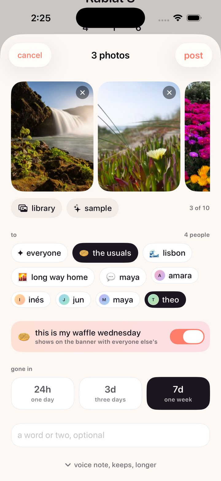 Composer with audience selection and 24 hour, 3 day, 7 day expiry options