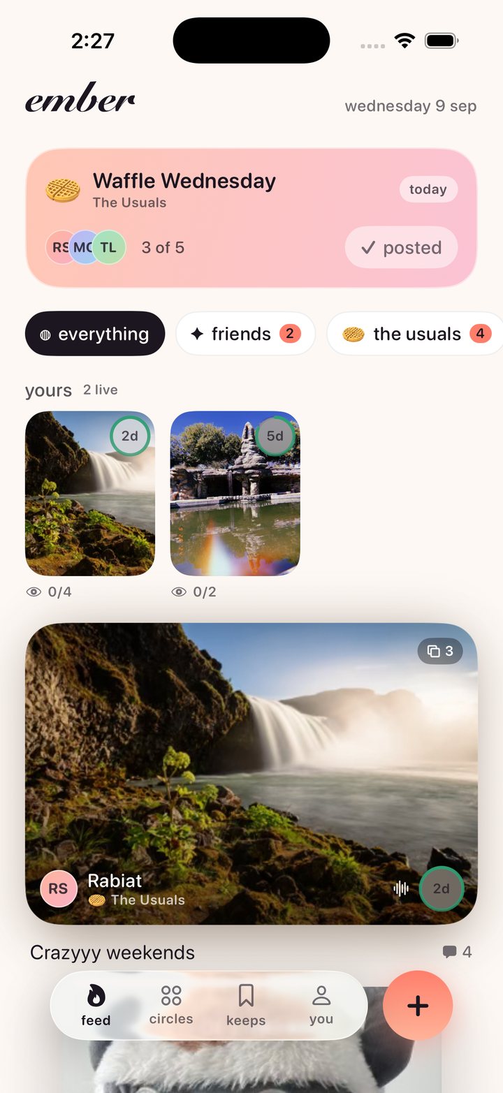 The feed showing a live ritual, circle filters, and drops with their remaining time