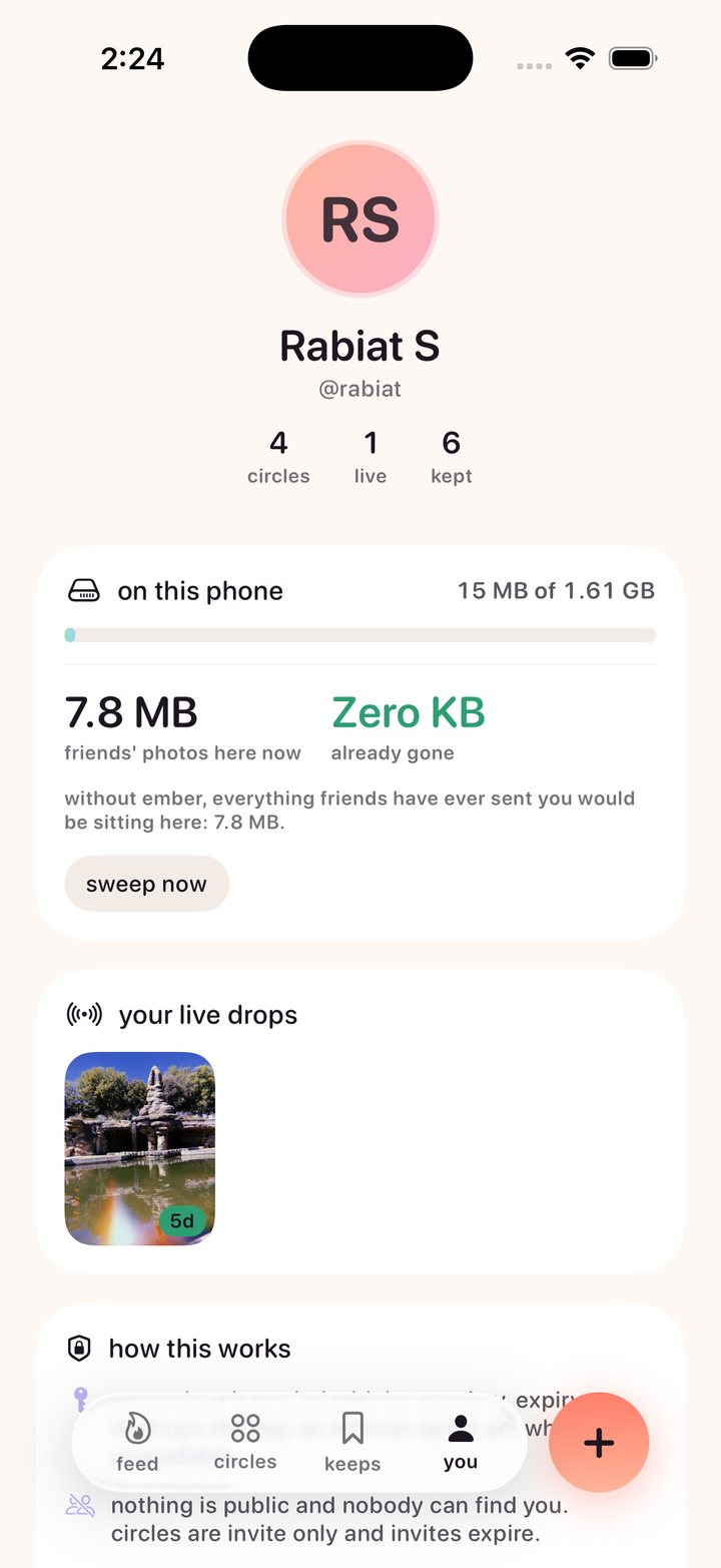 Profile screen showing 7.8 MB on this phone and Zero KB already gone