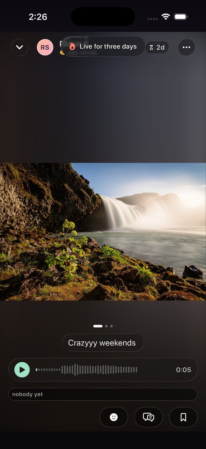 Full screen photo viewer with a voice note and reaction controls