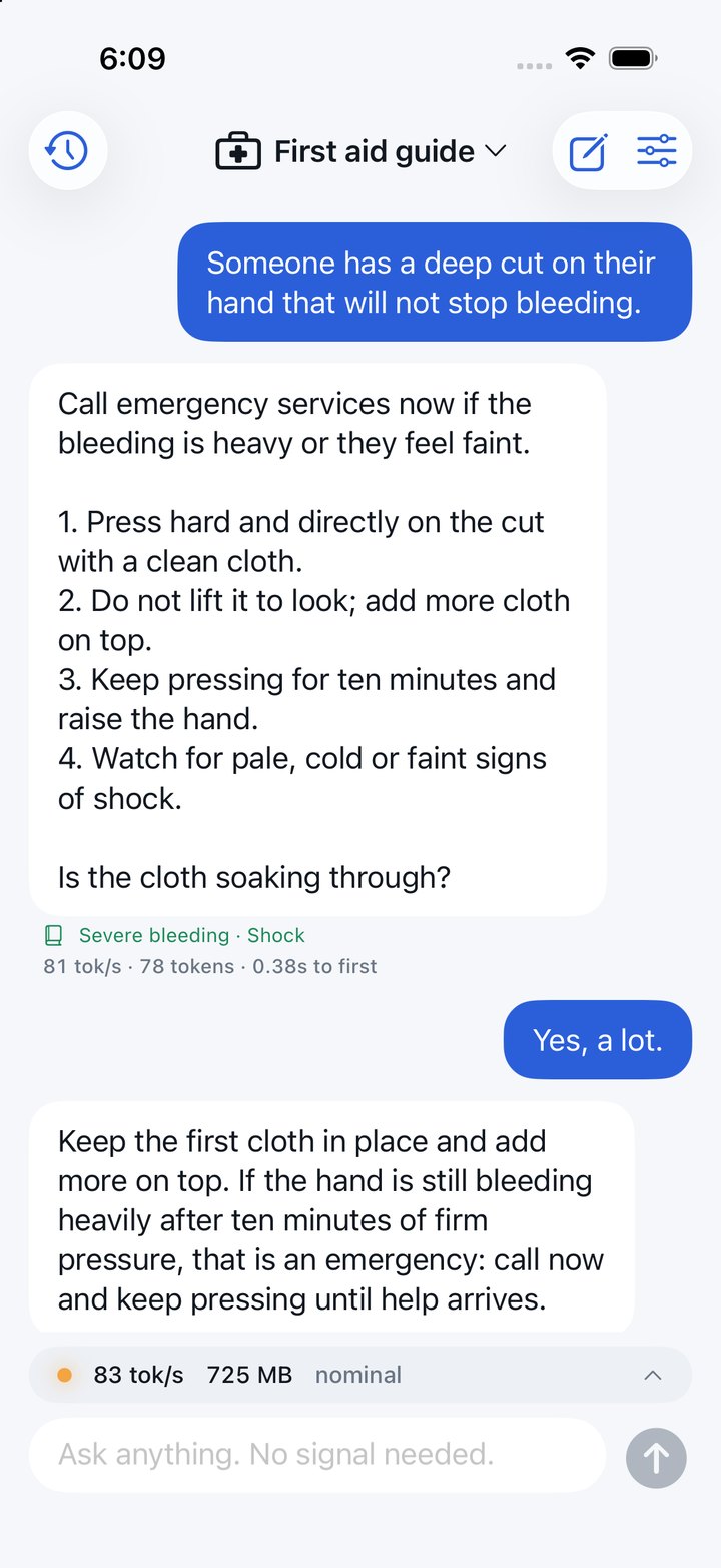 Lantern chat with the first aid persona answering, and a live readout of tokens per second and memory