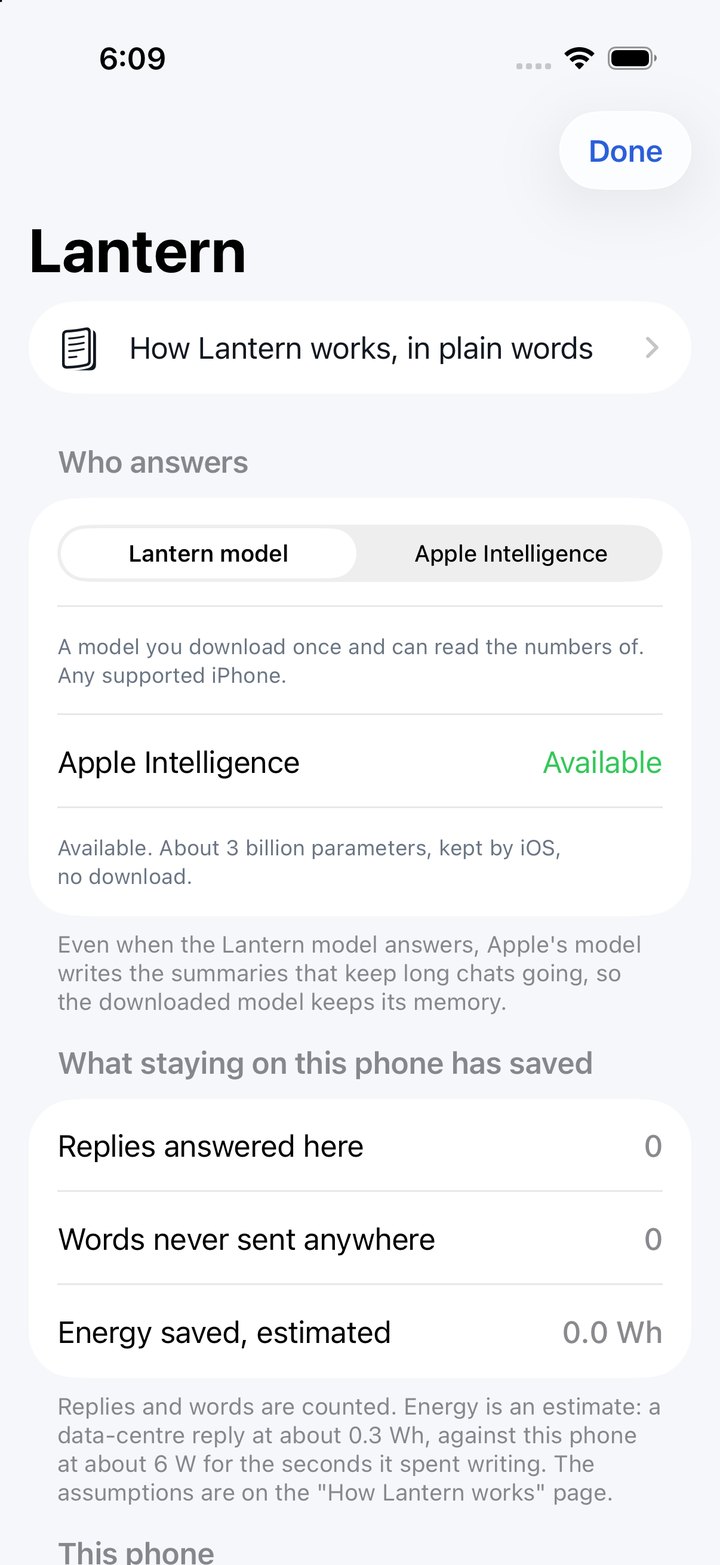 Settings showing what staying on the phone has saved: replies answered here, words never sent anywhere, energy saved