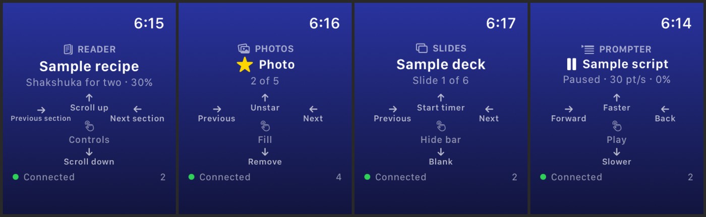 Four Watch screens, one per mode: Reader, Photos, Slides, Prompter, each labelling its edges with what a flick will do