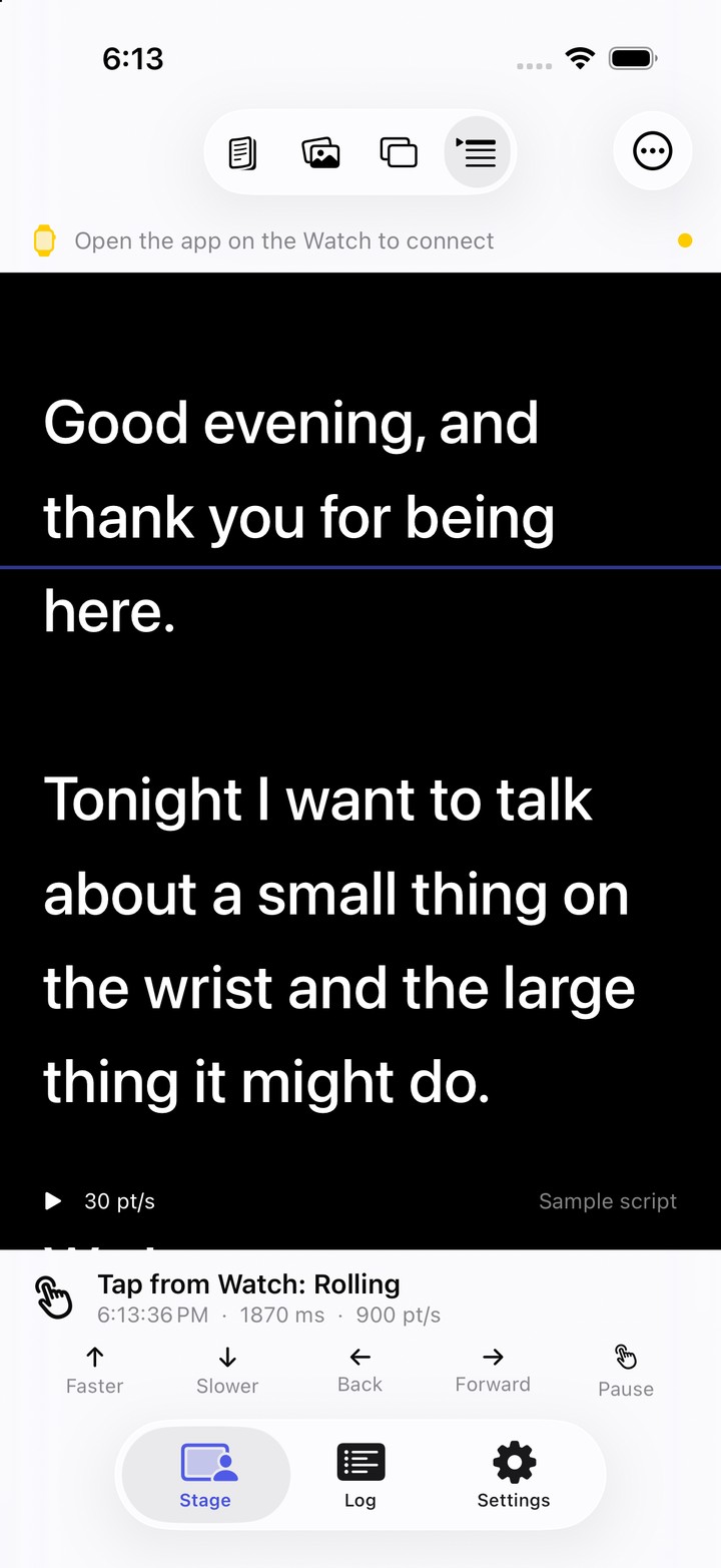 The phone in Prompter mode with a script scrolling past a reading line