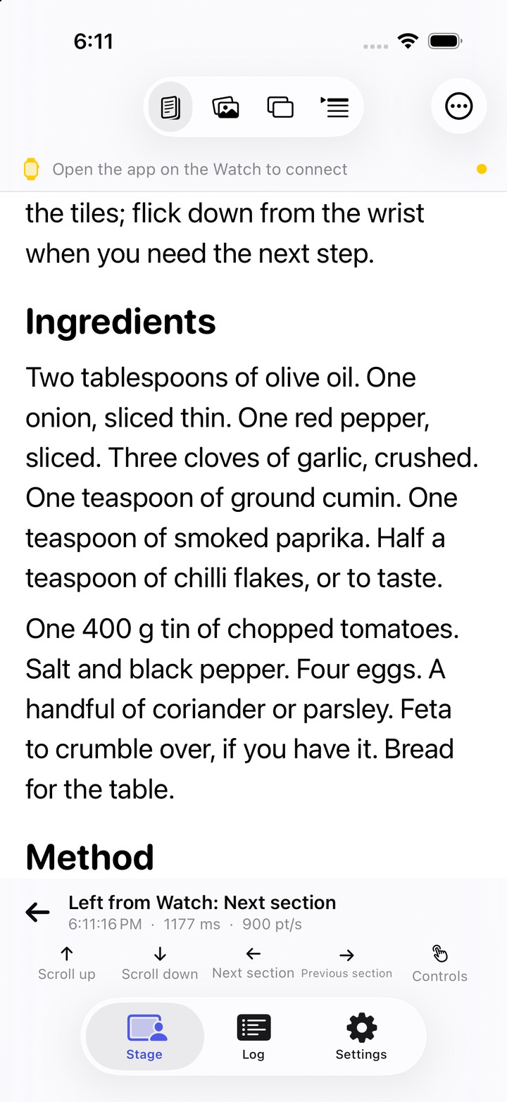 The phone in Reader mode showing a recipe, driven from the Watch